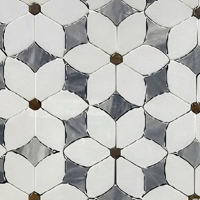 Modern jade marble inlaid with metal floral patterns waterjet Mosaic tiles