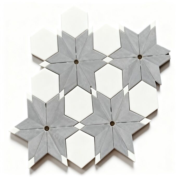 Pure white, Brass, Bardiglio Floral pattern Mosaic tiles