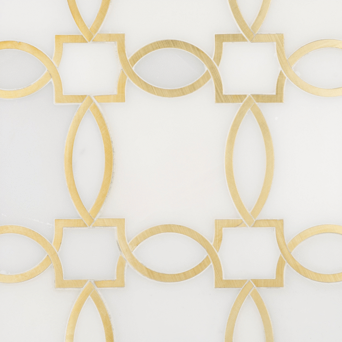 Brass texture design Mosaic waterjet cut pure white marble tiles