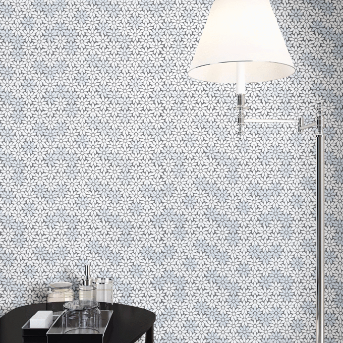 Thassos White Blue Celeste floral waterjet Mosaic