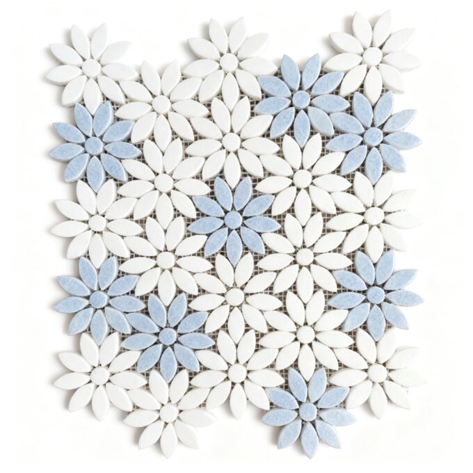 Thassos White Blue Celeste floral waterjet Mosaic